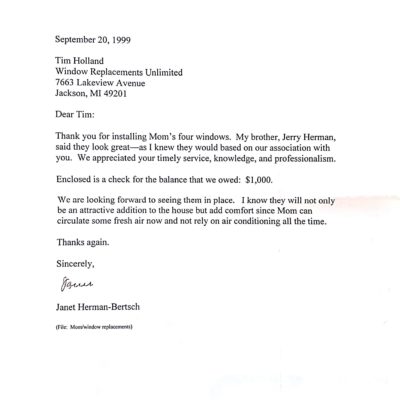 Window Replacements Unlimited Testimonial Picture Thank you letter