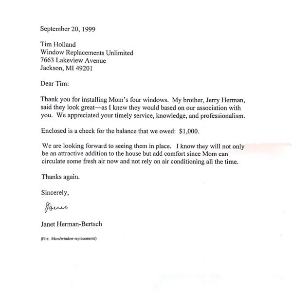 Window Replacements Unlimited Testimonial Picture Thank you letter