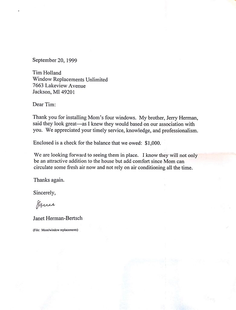 Window Replacements Unlimited Testimonial Picture Thank you letter