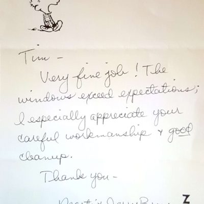 Window Replacements Unlimited Testimonial Picture Thank you letter