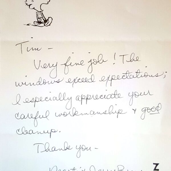 Window Replacements Unlimited Testimonial Picture Thank you letter