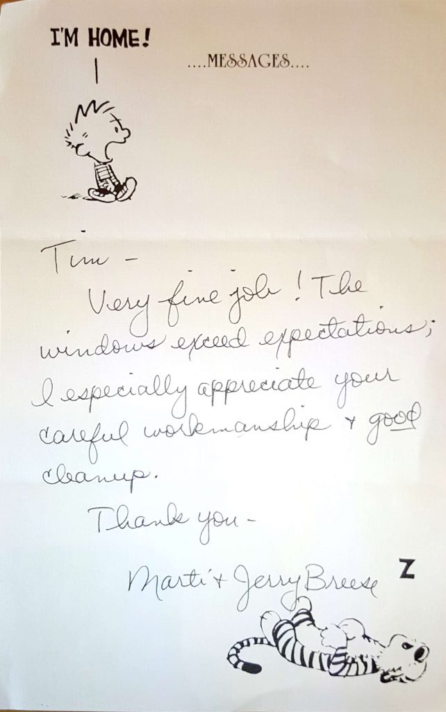 Window Replacements Unlimited Testimonial Picture Thank you letter