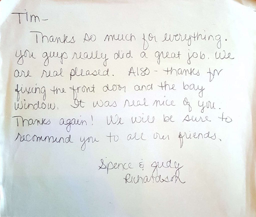 Window Replacements Unlimited Testimonial Picture Thank you letter