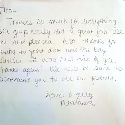 Window Replacements Unlimited Testimonial Picture Thank you letter