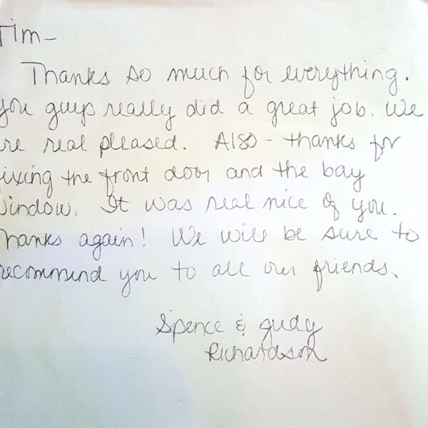 Window Replacements Unlimited Testimonial Picture Thank you letter