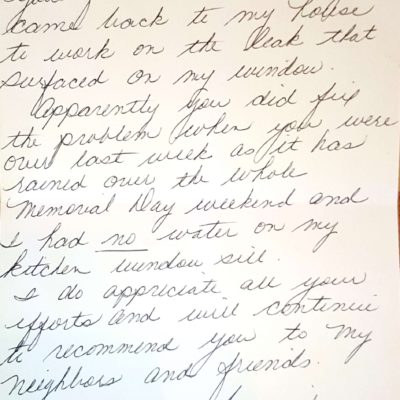 Window Replacements Unlimited Testimonial Picture Thank you letter