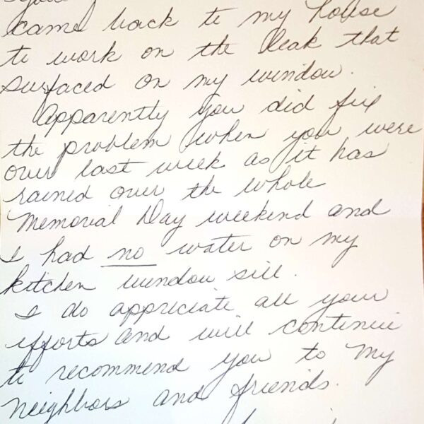 Window Replacements Unlimited Testimonial Picture Thank you letter
