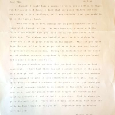 Window Replacements Unlimited Testimonial Picture Thank you letter