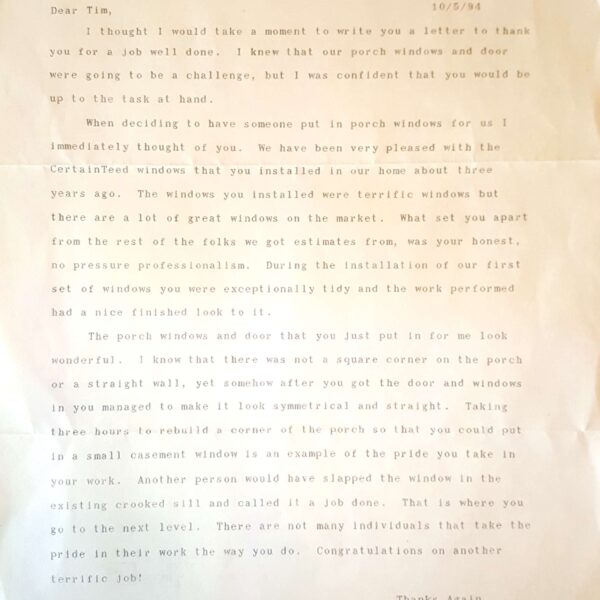 Window Replacements Unlimited Testimonial Picture Thank you letter