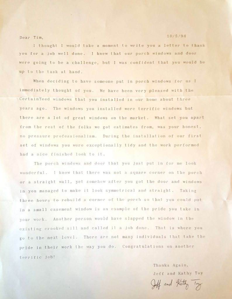 Window Replacements Unlimited Testimonial Picture Thank you letter