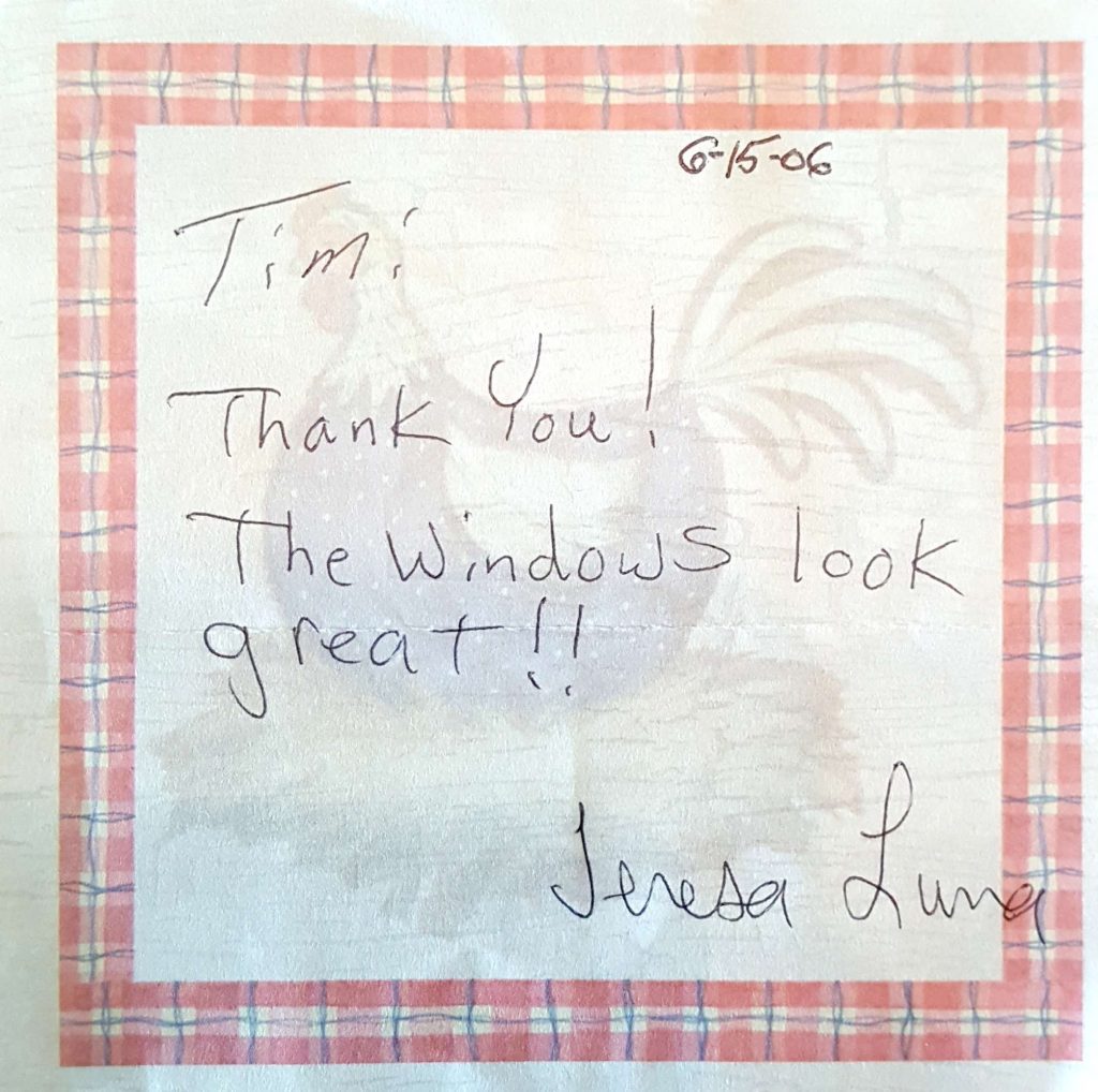 Window Replacements Unlimited Testimonial Picture Thank you letter