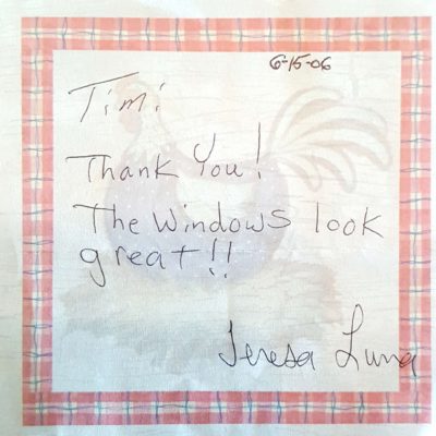 Window Replacements Unlimited Testimonial Picture Thank you letter