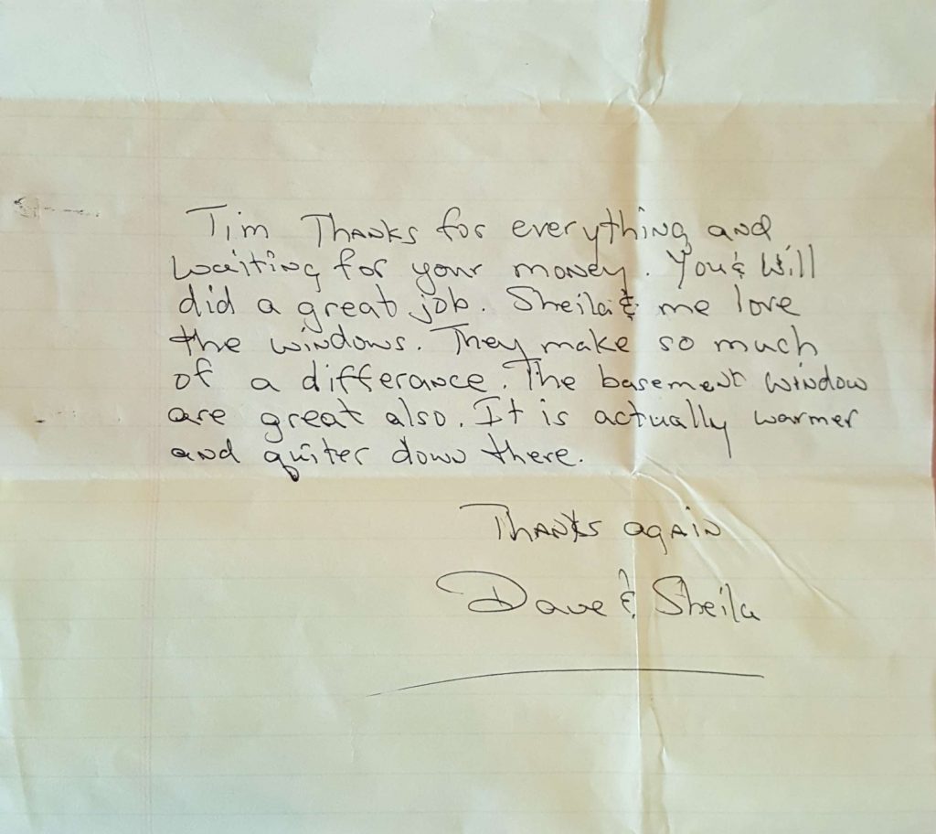 Window Replacements Unlimited Testimonial Picture Thank you letter
