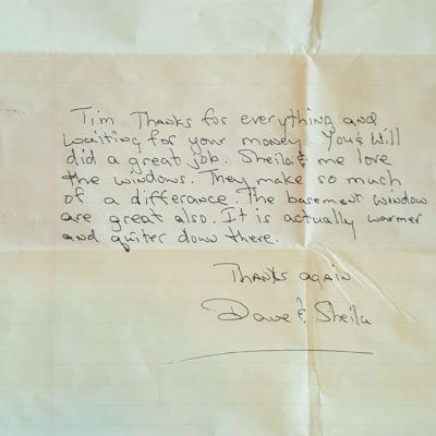 Window Replacements Unlimited Testimonial Picture Thank you letter