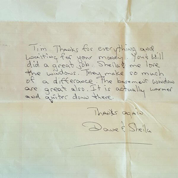 Window Replacements Unlimited Testimonial Picture Thank you letter
