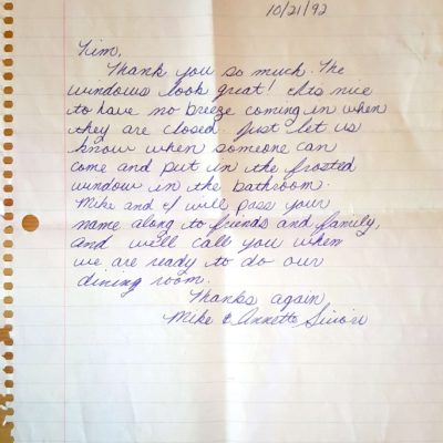 Window Replacements Unlimited Testimonial Picture Thank you letter
