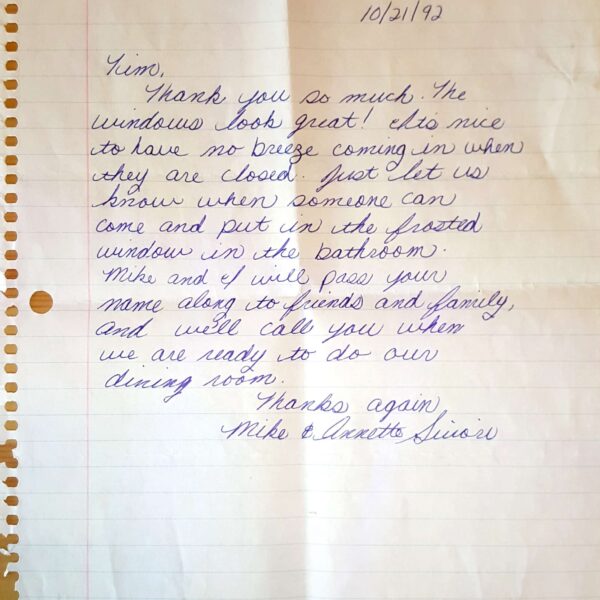 Window Replacements Unlimited Testimonial Picture Thank you letter