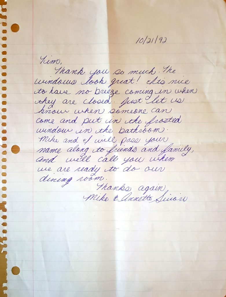 Window Replacements Unlimited Testimonial Picture Thank you letter