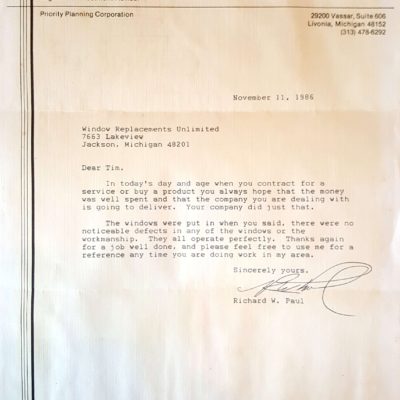 Window Replacements Unlimited Testimonial