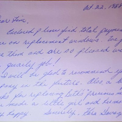 Window Replacements Unlimited Testimonial Picture Thank you letter