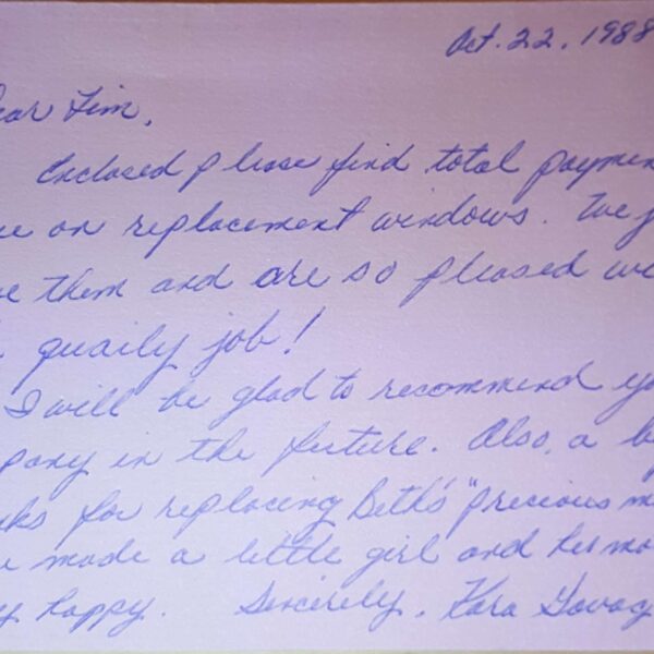 Window Replacements Unlimited Testimonial Picture Thank you letter