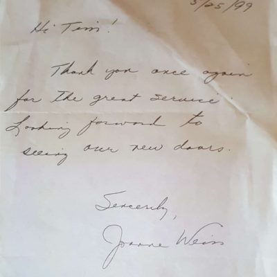 Window Replacements Unlimited Testimonial Picture Thank you letter