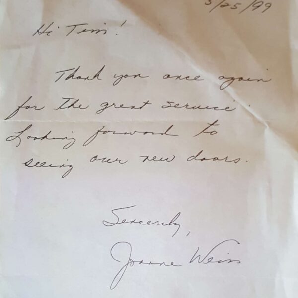 Window Replacements Unlimited Testimonial Picture Thank you letter