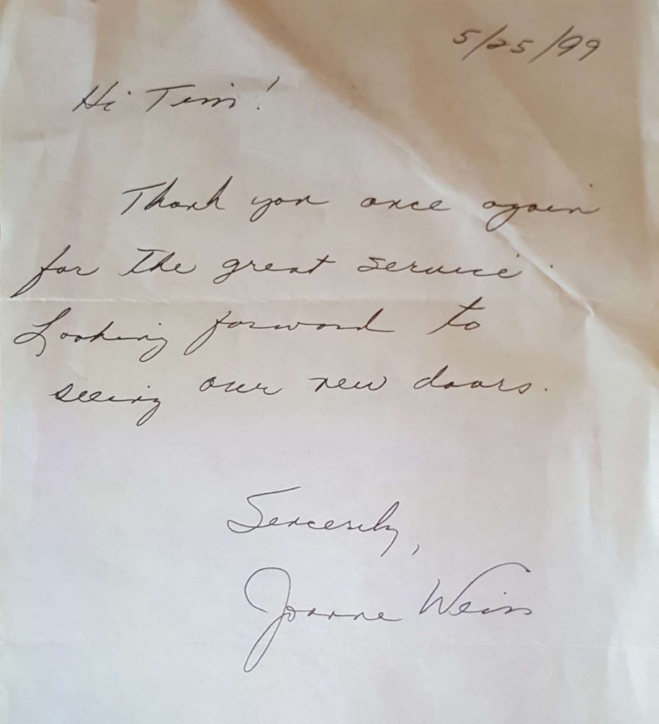 Window Replacements Unlimited Testimonial Picture Thank you letter