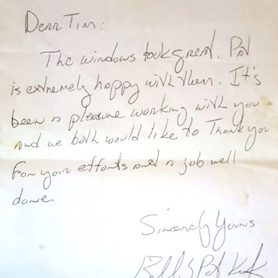 Window Replacements Unlimited Testimonial Picture Thank you letter
