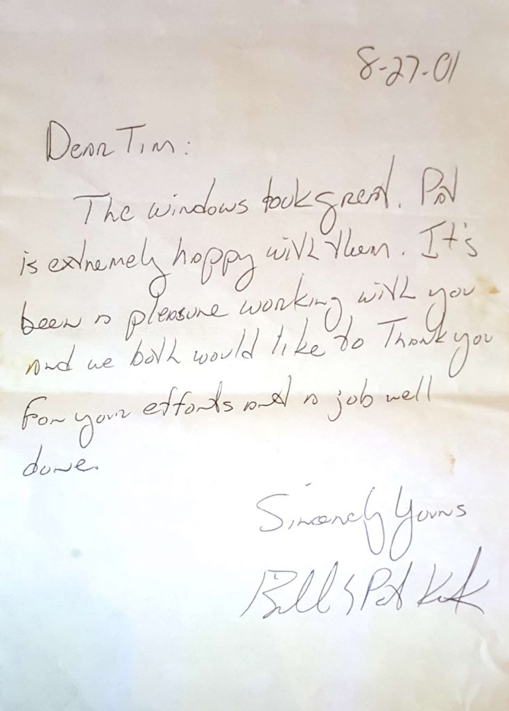 Window Replacements Unlimited Testimonial Picture Thank you letter